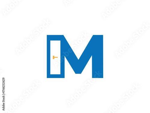 Blue letter M with white door cutout and orange handle alphabet