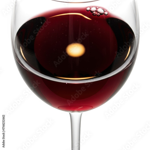 A close up of a glass of rich red wine isolated on transparent background