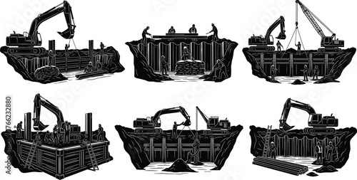 Marine construction silhouettes, excavator on barge, crane lifting debris, workers on platform, dredging operations, water-based machinery, black icons, site activity