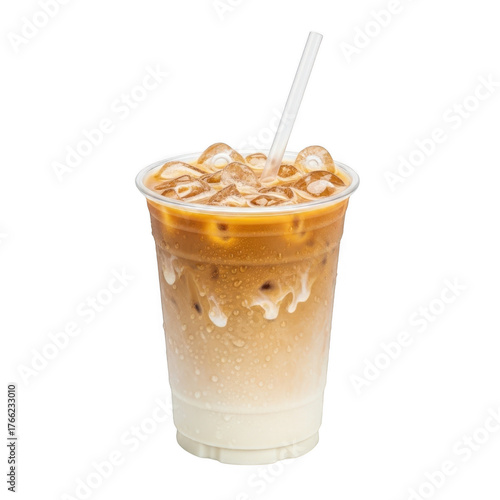 Refreshing iced latte with creamy layers and straw isolated on transparent background