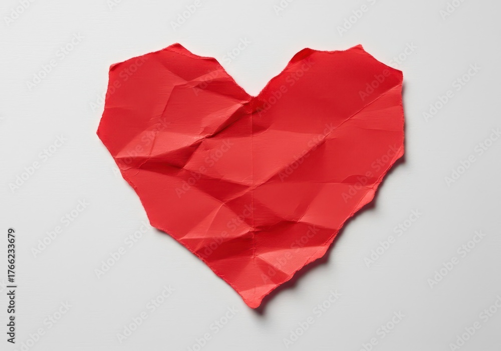 Fototapeta premium A heavily crumpled and torn piece of vibrant red paper cut into a heart shape, symbolizing emotional pain, heartbreak, loss, and disappointment in affection ,frustration ,end ,rejection