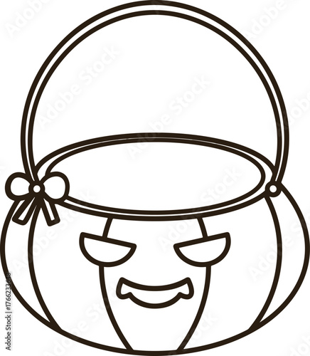 Black line icon drawing of a pumpkin basket with a bow.