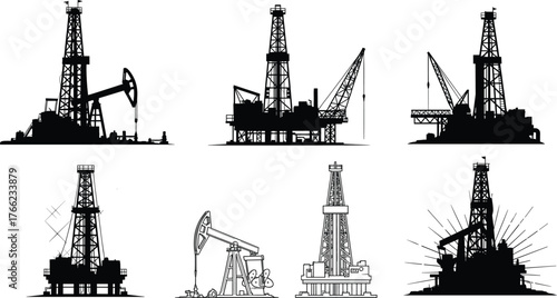 Oil rig icons, drilling platform silhouettes, petroleum infrastructure, land and offshore rigs, pumpjack illustration, black design, energy extraction, industry