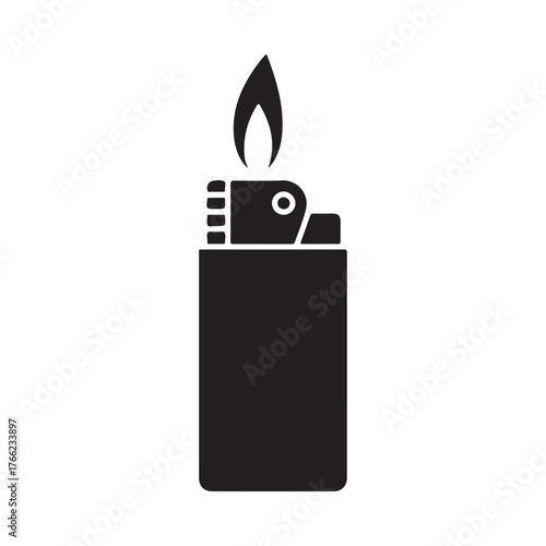 Black silhouette of a lit cigarette lighter with a flame