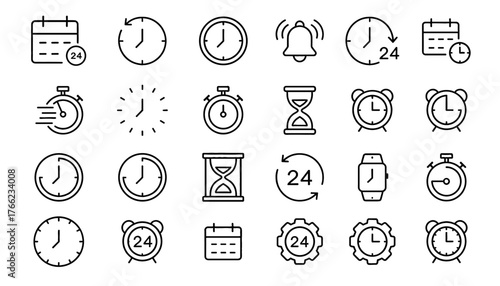 Time, Clock, and Schedule Line Art Vector Icon Set. Collection of Outline Symbols for Business, Planning, and Alarms Including Stopwatch, Calendar, Alarm Clock, Hourglass, 24 Hours, and Smartwatch.