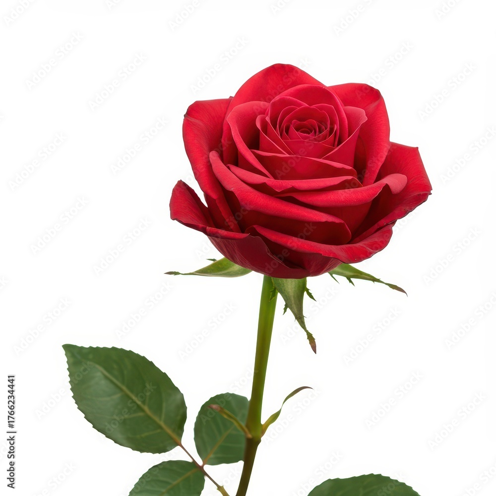 Fototapeta premium Vivid red long stem rose isolated against a pure white background, symbolizing love, passion, and elegance ,wedding ,studio shot ,passion