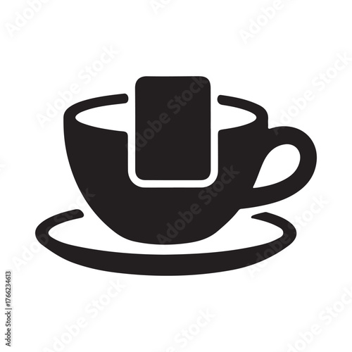 Black silhouette of a tea bag steeped in a cup on a saucer