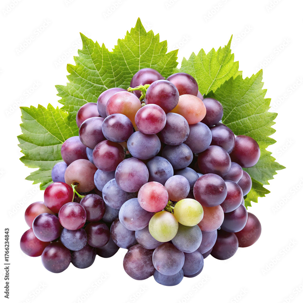 Fototapeta premium Bunch of grapes with leaves isolated on transparent background