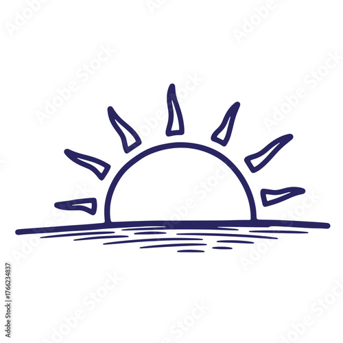Hand drawn illustration of a sun setting over the ocean waves with simple doodle outline style