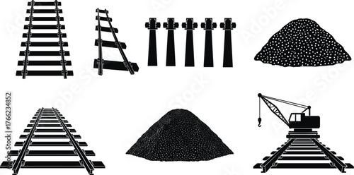 Railway construction icons, track elements, ballast pile, rail fasteners, crane on railcar, black silhouette, infrastructure tools, engineering illustration, transport