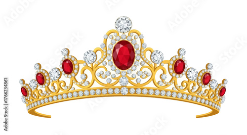Elegant Gold Tiara with Red and White Jewels for Royalty and Festive Occasions