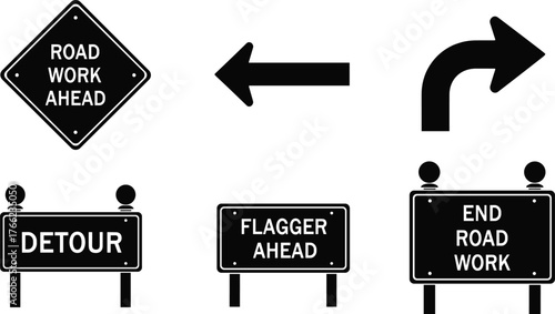 Road work signs, construction zone signage, detour notice, flagger ahead, traffic control, directional arrows, safety signs, highway maintenance, caution symbols