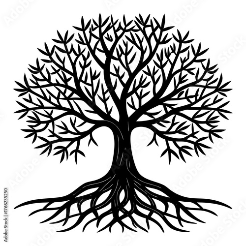 Scalable vector illustration of a leafless tree with intricate branches and exposed roots