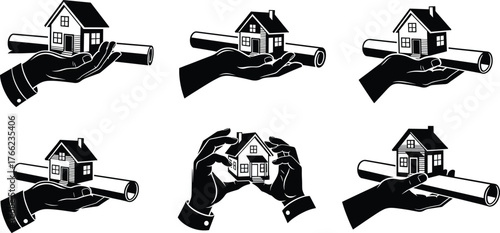 Real estate hand icons, house protection gesture, blueprint document, home ownership, black silhouettes, property care, legal paper, architectural symbol