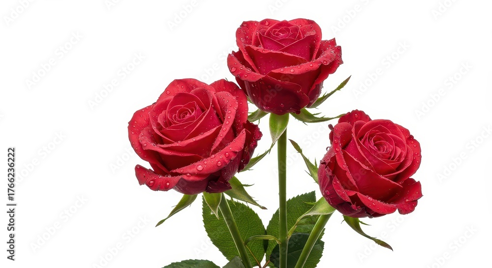Obraz premium Elegant arrangement of three freshly bloomed roses featuring natural water droplets, dramatically isolated against a stark, clean white backdrop ,white background ,macro ,spring