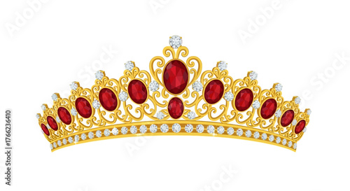Elegant gold tiara with red ruby and white diamond jewels. A royal princess crown vector illustration isolated on a white background
