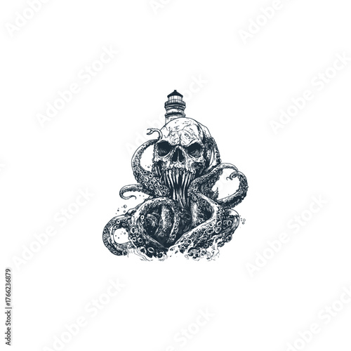 Highly detailed and aggressive vintage engraving illustration of a monstrous skull merged with octopus tentacles, rising from turbulent sea waves, topped with an old lighthouse