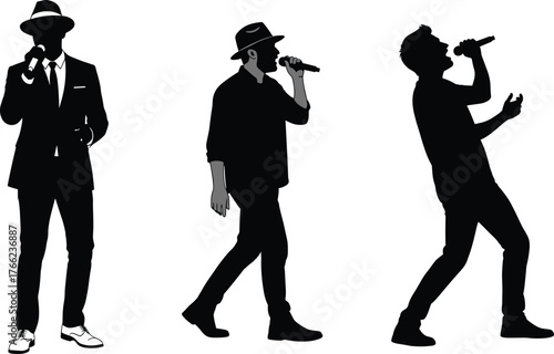 Singer silhouette set, microphone performance vector, black music icons, expressive pose illustration, vocal artist design, stage action graphic pack