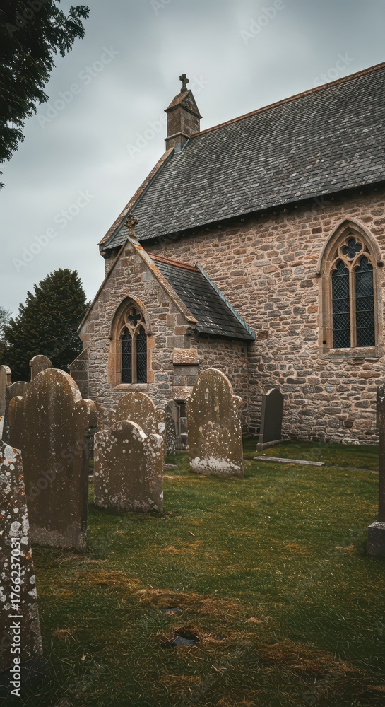 Fototapeta premium Ancient weathered gravestones clustered densely around the exterior walls of a historic stone church building on a cloudy afternoon ,serene ,old ,silence