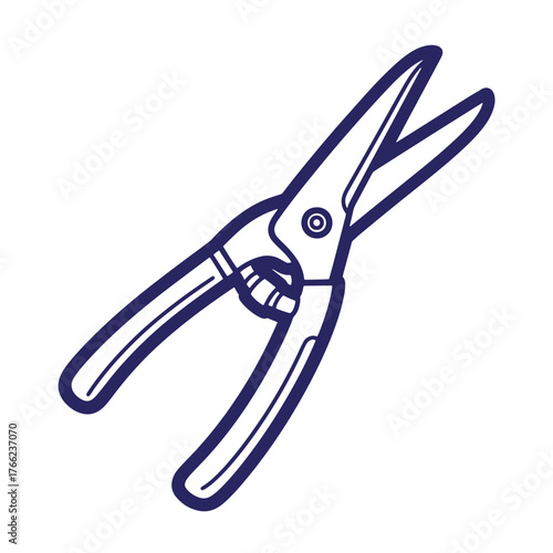 Simple blue outline illustration of gardening shears with open blades against a white background