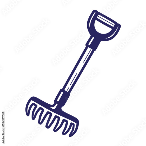 Simple blue outline illustration of a garden rake tool for gardening and landscaping