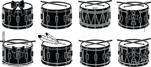 Snare drum icon set, decorative percussion vector, musical instrument silhouettes, forest and feather patterns, black drum illustrations, isolated design pack