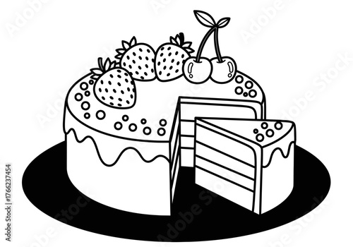 Black and White Layer Cake Slice Line Art - Dessert Icon Coloring Page