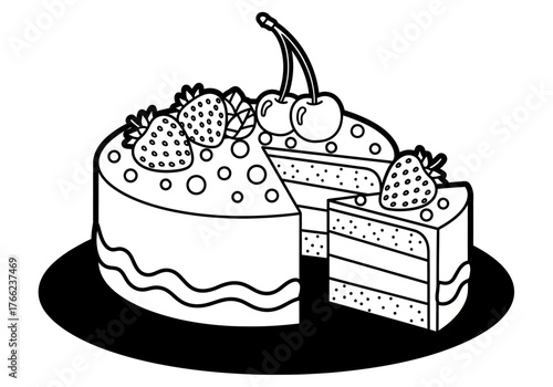 Black and White Layer Cake Slice Line Art - Dessert Icon Coloring Page