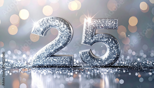 Celebrate a stunning 25th anniversary milestone with shimmering silver numbers against a bokeh background, perfect for invitations and event promotions
