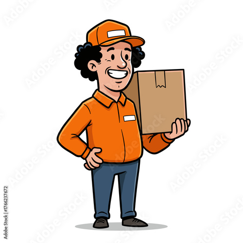 Funny cartoon builder or courier in a uniform and helmet holding a package or box is a great image for construction, shipping, and delivery services