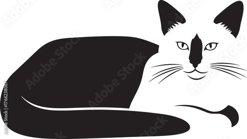 Artistic black and white cat silhouette resting and relaxing with whiskers detailed face and tail