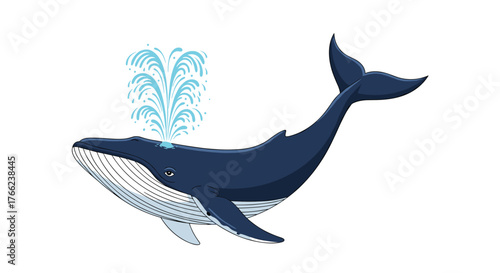 Whale with Water Spout: Cartoon drawing of a whale spouting water from its blowhole, isolated on a white background.