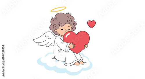 A cute cupid sitting on a cloud and holding a big red heart, representing love and romance with angelic features and a golden halo.