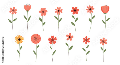 Whimsical floral vector illustration featuring a collection of various flower designs in coral and yellow on a white background for creative projects.