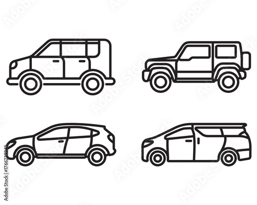 Set of icons of various types of cars. Vector line style isolated on white background.