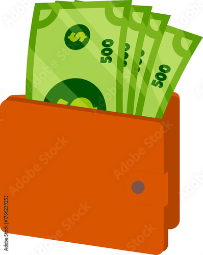 Vector image showing a wallet filled with green dollar notes, representing savings, income, finance management, and personal economy.