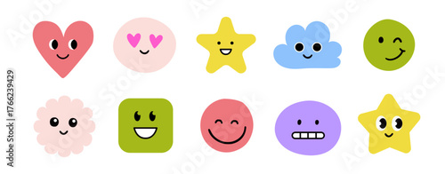 Face smile emoji doodle icon sticker set. Cute kid doodle hand drawn style funny face emoji smile, happy, sad sticker. Funny cartoon emoticon heart, star, flower shape. Vector illustration