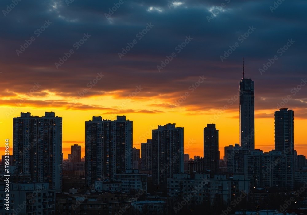 Fototapeta premium A vibrant golden hour view of the towering structures and high-rise buildings against a dramatic, colorful evening sky ,day ,dusk ,travel