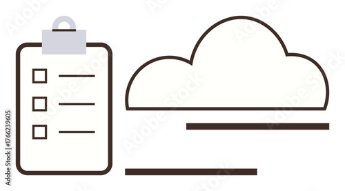 Clipboard with checklist next to cloud symbol, suggesting data storage, project management, or planning. Ideal for productivity, organization, storage, workflow, task prioritization efficiency