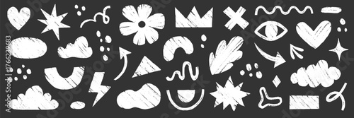 Crayon brush sticker cute organic line shape set. Hand drawn sketch doodle scribble paint brush geometric figure crayon chalkboard. Abstract arrow, circle heart, chalk elements. Vector illustration