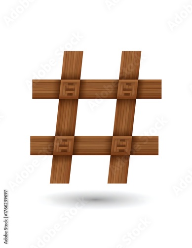Brown wooden hashtag symbol, with shadow, on clean white backdrop