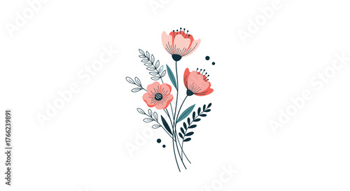 Delicate floral illustration with soft pink flowers and muted green foliage for a subtle, natural design element on a white background.