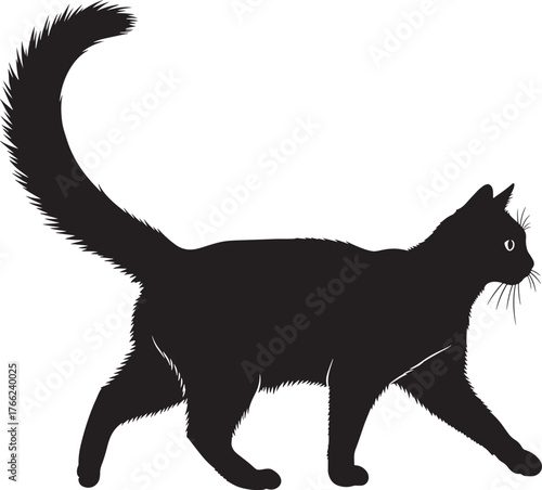 Elegant black cat silhouette stepping gracefully with a bushy tail captured in a classic profile view