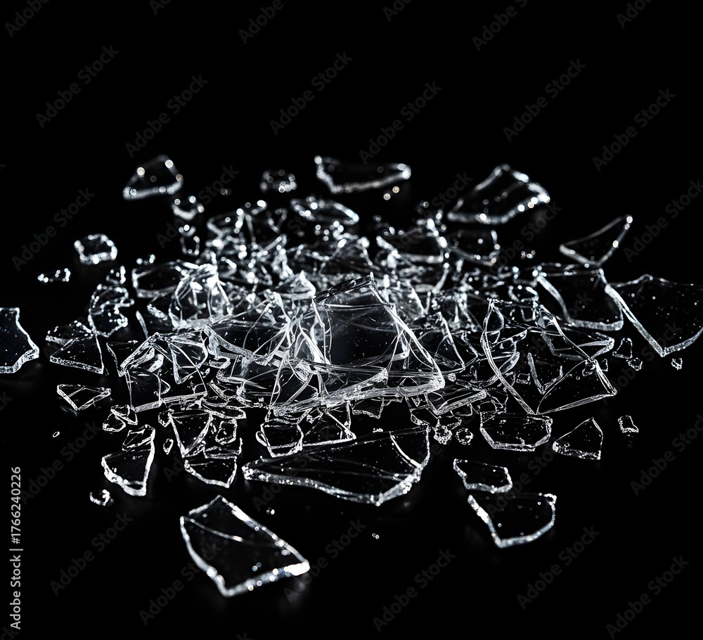 Close up of shattered clear glass fragments on a black background