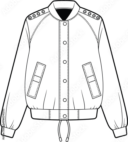 Varsity Bomber Jacket Technical Flat Fashion Sketch Vector Illustration Raglan Sleeve Snap Buttons Rib Collar Drawstring Hem Apparel Template Design.