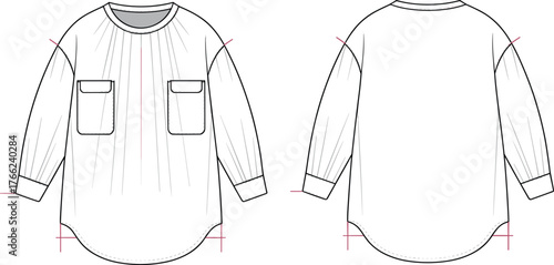 Women's Gathered Tunic Blouse Technical Flat Sketch Vector Illustration Long Balloon Sleeves Patch Pockets Apparel Template Fashion Design Front Back.