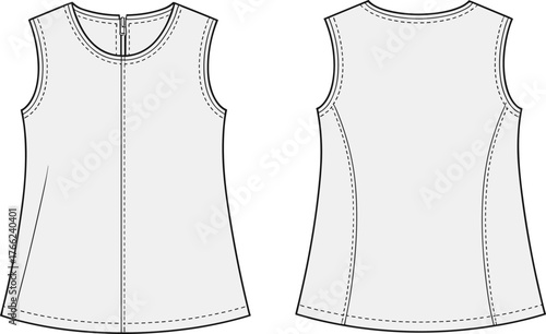 Women's A-Line Sleeveless Top Shell Technical Flat Sketch Vector Illustration Back Zipper Center Seam Apparel Template Fashion Design Front Back.