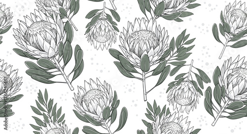Seamless pattern of king protea flowers with leaves, botanical art, for textile design, wallpaper, fabrics, wrapping paper, home decor, and print.