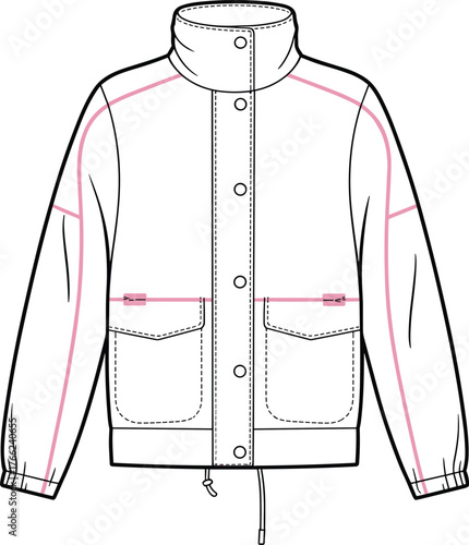 Women's Bomber Jacket Flat Fashion Sketch Technical Drawing Vector Illustration High Neck Collar Flap Pockets Apparel Design Template Outerwear Garment.
