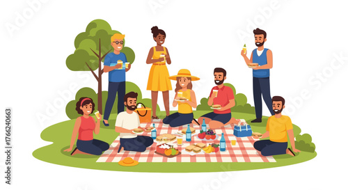 Group having a picnic in a park sitting on a checkered blanket with food drinks and trees in the background